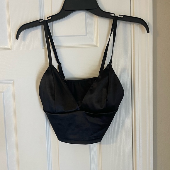 SHEIN Tops - Black Satin Crop Top Adjustable Spaghetti Straps Open Back Double Lined Cups
